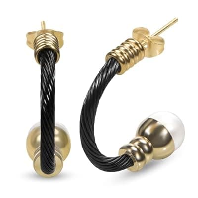 [YURSHJAM] YURSHJAM Designer Twisted Cable Hoop Earrings Two Toned Trendy Synthetic Pearl Half Earrings for Women Gift