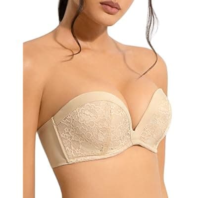 Upushall Push Up Strapless Bra with Clear Straps Covertible Plunge Lace Padded Add 2 Cups Low Cut Underwire Bras for Women Nude 36D