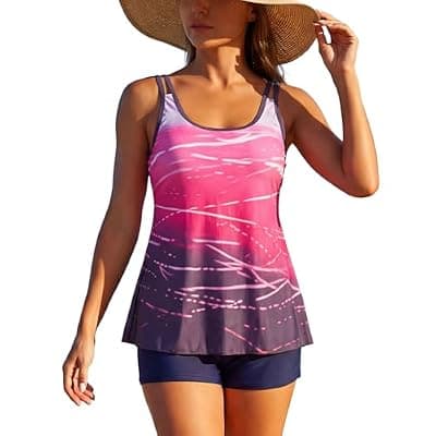 [Nillocco] Two Piece Tankini Swimsuits for Women Plus Size Tummy Control Bathing Suits with High Waisted Boyshorts Bottom Long Torso Top