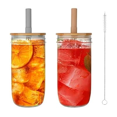 [Luxgola] Luxgola Glass Tumbler with Lids and Straws 2 Pack, 24oz Glass Drinking Jars with Lids and Straws,Reusable Wide Mouth Mason Jar Iced Coffee Cup,Smoothie Cup Coffee Travel Mug for Car/Home