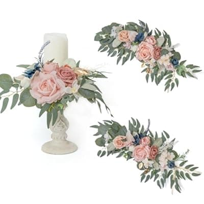 [TINGE TIME] TINGE TIME 2pcs Artificial Flowers Candelabras Decoration, Dusty Rose & Navy Blue Floral Swag Greenery Garland for Rose Candle Rings for Wedding Ceremony Lantern Chair Decor Signs Decoration