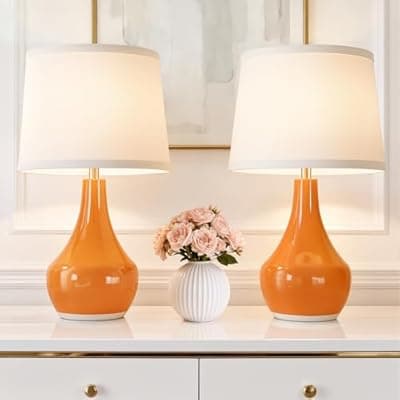 [Seealle] Seealle Modern Ceramic Table Lamps for Night Stands - Bedside Lamps Set of 2 for Nightstand,Orange Bedroom Lamp for Living Room Cute Desk End Table Office Guest Room Dresser Rocker Swtich