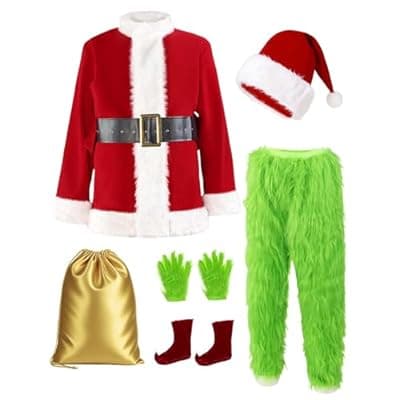 [ACH] ACH Christmas Costume Adults Men Santa Claus Suit 7PCS Deluxe Professional Furry Xmas Halloween Cosplay Outfit for Adult Set