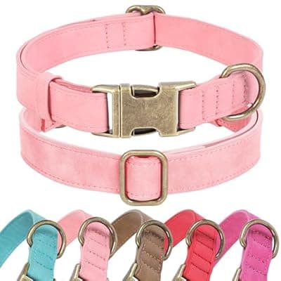 [Jumpress] Jumpress Soft Leather Dog Collar for Small Medium Large Dogs, Heavy Duty Dog Collar Leather with Quick Release Metal Buckle, Durable & Adjustable for Medium Dogs Walking (Pink, M)