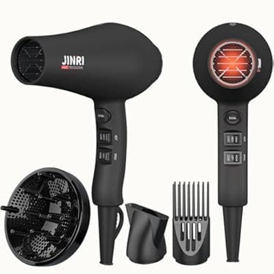 [JINRI] JINRI Ionic Hair Dryer with Diffuser & Comb and Concentrator, Lightweight Quiet Infrared Blow Dryer, Powerful 1875 Watt Motor for Smooth and Fast Drying Hair, Black