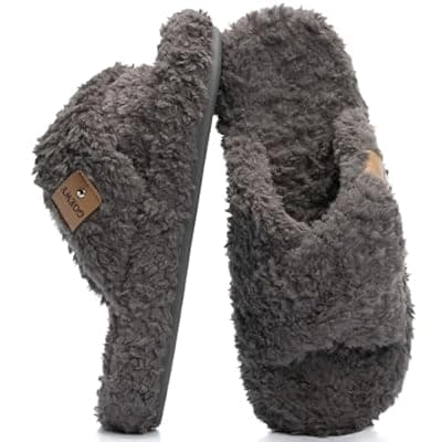 [GOEWY] GOEWY Fuzzy Open-Toe Slippers for Women,Memory Foam Soft Indoor Outdoor Cross Band Women's Slipper,Anti-Slip House Shoes Slip On Gifts for Women Her Mom