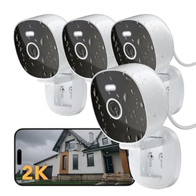 [FAMVIVA] FAMVIVA 2K Wired Security Camera, Indoor/Outdoor for Home, Pet, Baby, Nanny, IP65 Waterproof Color Night Vision, White Light & Siren, Recording, Motion Detection, Works with Alexa,Plug in, White-4P