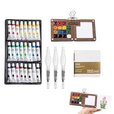 [YAKUNCL] YAKUNCL 24-Color Mini Watercolor Travel Set with Wooden Sketchbook Kit - Portable Watercolor Painting Set Including Water Brush Pen, Sketch Pad & Copper Clip for Artists, Students & Painters