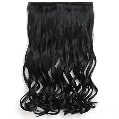 [JCL] 5 Clip in Hair Extensions Synthetic Thick Curly Wavy Hairpieces for Women 18 Inch Natural Looking 3/4 Full Head Clip on Hair Extensions Natural Black