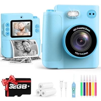 [Yunaking] Camera for Kids Instant Print: Toys for Boys Girls Digital Camera That Prints Photos Dual Lens Birthday Gift for Kids Teen Boy Ages 3 4 5 6 7 8 9 10 11 12 Xmas Valentines Gifts Blue