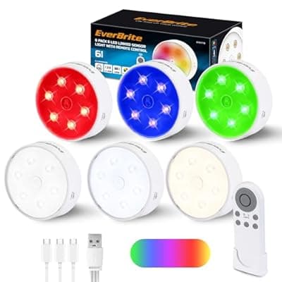[HAUSHOF] EverBrite Puck Lights with Remote, Rechargeable 2000mAh Linked Sensor Under Cabinet, Two Group Control, 10 RGB Colors, Dimmable for Kitchen, Bedroom Closet (6-Pack)