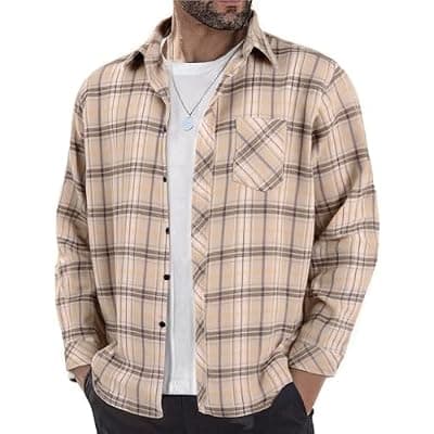 [BAYAMO] BAYAMO Men's Flannel Button Down Shirt Casual Plaid Long Sleeve Fall Jacket Lightweight Soft Tops with Pockets