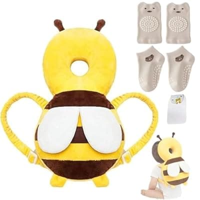 [MINOCHI] Baby Head Protector Backpack, Toddler Baby Head Protection Backpack with Baby Knee Pads Alarm Function for Walking & Crawling, Soft, Breathable and Wearing Safety Baby Head Protector - Yellow Bee