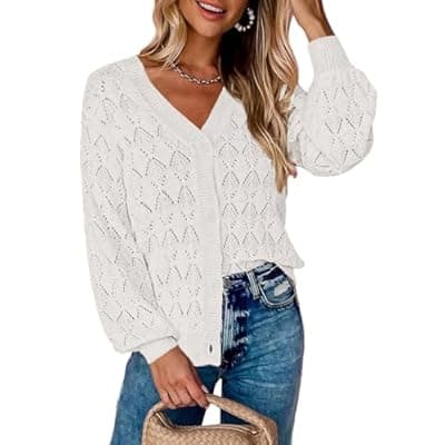 [Zeagoo] Zeagoo Women's Lightweight Crochet Cropped Cardigan 2026 V Neck Long Sleeve Button up Bolero Shrug Sweater