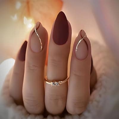 [IQXGE] IQXGE Acrylic Press on Nails Almond Medium Full Cover Frosted False Fake Nails Press ons Purple Stick on Nail Gold Red Line Artificial Fake Nail 24Pcs Reusable for Women