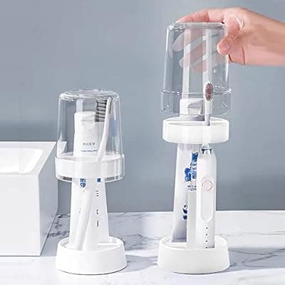 [Oniapro] 1 Pack Toothbrush Holder with Cover/Cup, Adujustable Height Electric Toothbrush Holders with 2 Slots, Compatible with Toothpaste Conventional or Electric Toothbrush Holder for Bathrooms