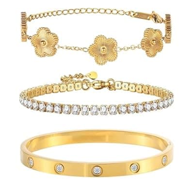 [Ciormis] Ciormis 18K Gold Plated Bangle Bracelet Set for Women Stackable Gold Clover Women Bangle Bracelets Trendy Gift Jewelry for Christmas Anniversary