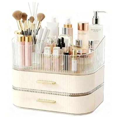 [ShinyDew] Makeup Organizer for Vanity with Stackable Drawers, 360 Rotating Makeup Brush Holder Large Cosmetic Display Case for Dresser, Bathroom Countertop Skincare Storage, Ideal Gift for Girls (3-layer)