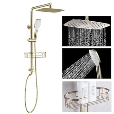 [SonTiy] SonTiy Rain Shower Head with Handheld Spray and Shower Shelf Caddy, 12Inch High Pressure rainfall Showerheads and Hand Shower Combo with Height Adjustable Holder Shower Head System, Brushed Gold