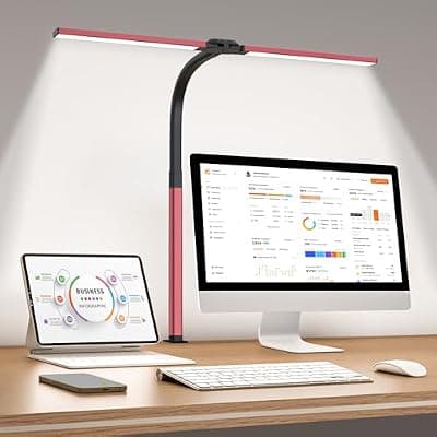 [Pak] LED Desk Lamp for Home Office, Eye-Caring Desk Light with Clamp, 24W Double Head Architect Task Lamp Stepless Dimming, Flexible Gooseneck Bright Table Lamp for Study Reading Workbench Drafting Red