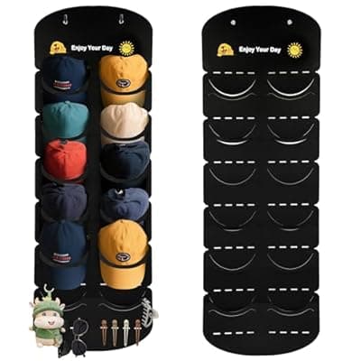 [ViKiulen] ViKiulen Hat Organizer for Baseball Caps, Over The Door Cap Organizer Cap Hat Holder with 12 Deep Clear Pockets, Hat Storage to Protect and Display with 2 Hook