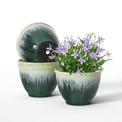 [LESOASIS] Flower Pots, 8 Inch Plastic Plant Pots for Plants, Set of 4 Planter for Indoor Outdoor Plants with Drainage Hole, Sleek Small Nursery Planting Pot for Home Garden Outdoor Planters(Green Glaze)
