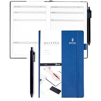 [Yoment] Yoment Meeting Notebook for Work with Action Items Hardcover Leather 5.5x 8.5 Office Project Planner for Women Men Meeting Notes Notebooks for Work,Dark Blue