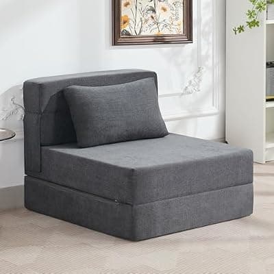 [WUTUTUEE] WUTUTUEE Folding Sofa Bed Convertible Floor Couch Foldable Chair Bed with Pillow，Linen Sleeper Chair Futon,Foldable Memory Foam Mattress for Bedroom/Living Room/Dorm/Office (Dark Grey, Single)