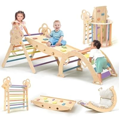 [VENSEEN] VENSEEN Baby Pikler Triangle Set with Cushion, 9-in-1 Foldable Wooden Climbing Toys for Toddlers, Indoor Montessori Jungle Gym Set for Kids Birthday Gift
