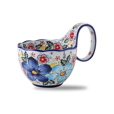[JINNTHE] 18oz Large Soup Bowl with Loop Handle, Ceramic Handpainted Decorative Mug Cup with Handle, Bowl for Soup Cereal Fruits Chili Stew Ice Cream, Dishwasher Microwave Safe Housewarming Gift for Mom