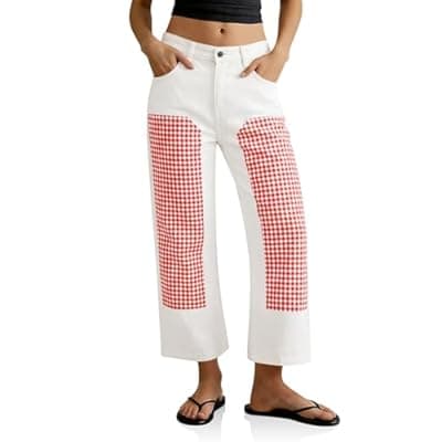 [Tankaneo] Tankaneo Womens Cropped Jeans Polka Dot Casual High Waisted Patchwork Straight Leg Denim Pants with Pockets