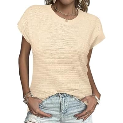 [Zeagoo] Zeagoo Women's Cap Sleeve Sweaters Vest Crew Neck Knit Sweater Tops 2025 Casual Summer Sleeveless T Shirt