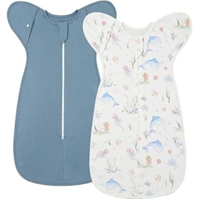 [ANYEDDE] ANYEDDE 2-Pack Baby Transitional Swaddle Sleep Sack - Arms Up Swaddle 6-9 Months for Baby Boys, Newborn Sacks with Cuff Removable & 2-Way Zipper, Blue Dolphin Cotton Sleep Sack