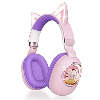 [esonstyle] esonstyle Kids Headphones Cat Ear - Bluetooth 5.4 Over-Ear Noise Cancelling Headphones with Microphone LED Lights Up 85dB Safe Volume Limit Wireless or 3.5mm Wired USB C (Pink Purple)
