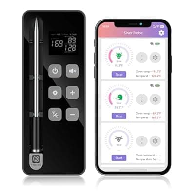 [Trefoiled] Smart Bluetooth Wireless Meat Thermometer with Display Base, NIST ±0.5°F Accuracy, 1000°F Heat-Resistant Ultra-Thin Probe, Long-Range 10X Sub-1G Signal, WiFi Range for BBQ, Grill, Oven & Smoker-Grey