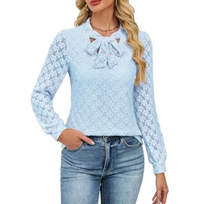 Blooming Jelly Womens Lace Long Sleeve Tops Tie Front Lined Dressy Blouse Fall Fashion Trendy Elegant Business Casual Outfit