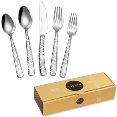 [VIVANI] VIVANI 20-Piece Heavy Duty Silverware Set for 4, Premium 18/0 Stainless Steel Flatware with Double-Sided Hammered Design, Dishwasher Safe Cutlery Utensils for Everyday Dining, Parties & Restaurants