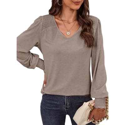 Dokotoo Women's Casual Long Sleeve Shirts Shirred Shoulders Solid Color Knit Tops Blouses