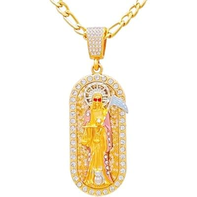 [Handmade] Santa Muerte Necklace for Men Women - Gold Plated Grim Reaper Pendant with 24" Figaro Chain - Collar de la Santa Muerte Jewelry for Spiritual Protection & Altar Gift
