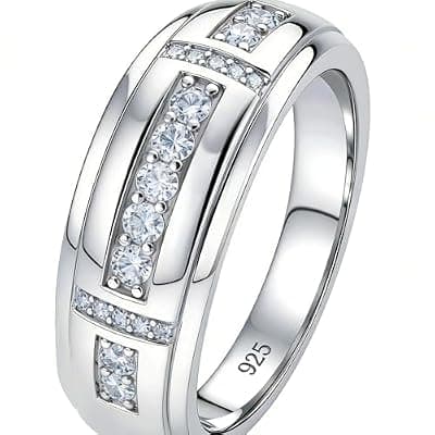 [Heinlov] Heinlov Moissanite Mens Wedding Band D Color VVS1 925 Sterling Silver Ring Promise Rings For Him Round Cut Engagement Eternity Size 5-17