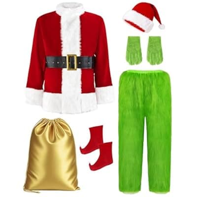 [Blafly] Blafly Christmas Costume for Men Santa Suit Adult 8PCS Deluxe Furry Green Giant Monster for Halloween Outfit Holiday Cosplay