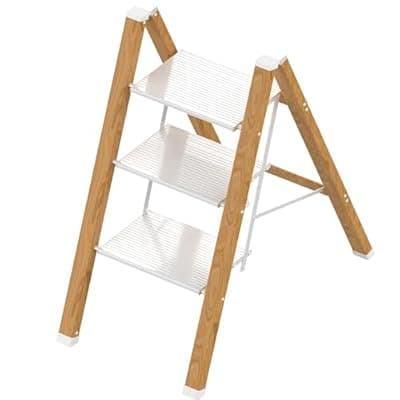 [ESTIFY] 3 Step Ladder, Portable Step Ladder Folding, Lightweight Step Ladder with Anti-Slip Pedal, Aluminum Indoor and Closet, Kitchen, 330lbs - White & Wood Grain