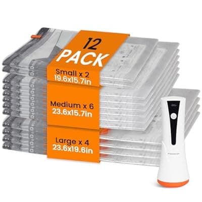 [foxmoon] Vacuum Seal Bags for Clothing Travel with Rechargeable Cordless Pump, 12 Pack Compression Space Saver Bags for Packing, Luggage and Seasonal Storage