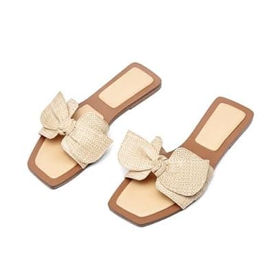 [LAICIGO] LAICIGO Womens Slip on Bow Sandals Dressy Comfortable Flat Sandals Square Toe Summer Slides