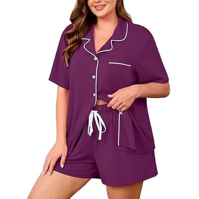 [AusLook] AusLook Plus Size Pajama Set for Women Short Sleeve Button Down Sleepwear with Pockets Notch Collar Drawstring Shorts 1-5X