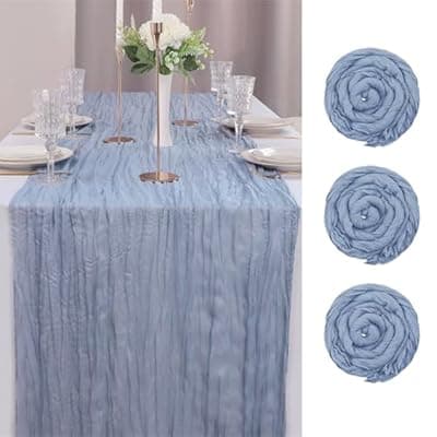 [HLDEJAAJ] HLDEJAAJ 3 Pack Cheesecloth Table Runner, 10FT Boho Gauze Romantic Table Runner for Wedding, Birthday Party, Home Decoration, Rectangular, Hand Wash Only (Dusty Blue, 3 pcs)