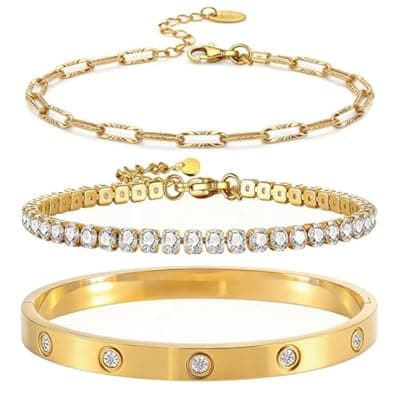 [Ciormis] Ciormis 18K Gold Plated Bangle Bracelet Set for Women Stackable Gold Clover Women Bangle Bracelets Trendy Gift Jewelry for Christmas Anniversary