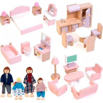 [Kizfarm] Kizfarm Wooden Dollhouse Furniture Set with 4 Family Dolls, 26 Pcs Pretend Play Dollhouse Accessories for 4 Rooms, Pink Furniture Toys Birthday Gifts for Girls Boys Age 3+