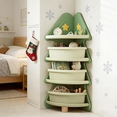 [Deer COCO] Deer COCO 4-Tier Corner Bookshelf, Tree-Shaped Storage Organizer for Books & Toys, Space-Saving Freestanding Bookcase for Living Room, Bedroom, Office, Easy Assembly, Green