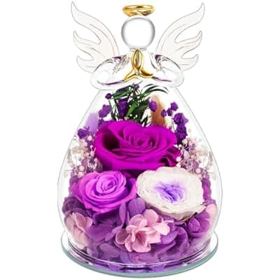 [Notgurli PIC] Gifts for Mom Women, Preserved Rose Forever Flower in Glass Angel Figurines, Birthday Gifts Fresh Flowers for Anniversary Mothers Day, Real Colorful Roses for Grandma Her Wife Daughte, Purple